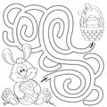 Help little bunny find path to easter basket with eggs. Labyrinth. Maze game for kids. Black and white illustration for coloring Royalty Free Stock Photo